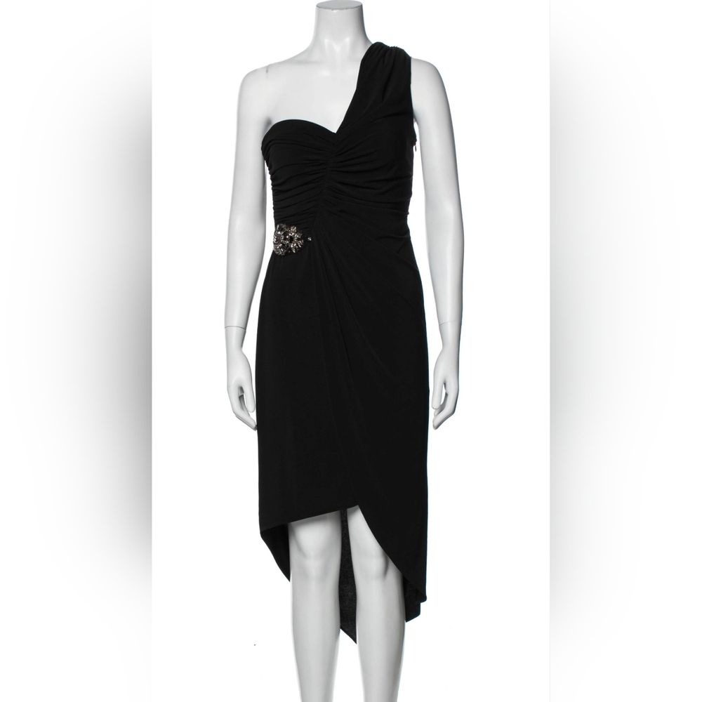 David Meister Black One-Shoulder Ruched Midi Dress